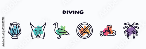diving outline icons set. thin line icons such as oil lamp, lynx, goose, forbidden, submarine, null icon collection. can be used web and mobile.