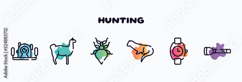 hunting outline icons set. thin line icons such as underwater photography, llama, leaf insect, otter, wristwatch, torch icon collection. can be used web and mobile.