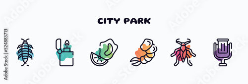 city park outline icons set. thin line icons such as silverfish, lighter, mussel, shrimp, water scorpion, trash can icon collection. can be used web and mobile.
