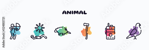 animal outline icons set. thin line icons such as hunter, sunba, porcupine, axe, walkie talkie, pigeon icon collection. can be used web and mobile.