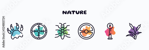 nature outline icons set. thin line icons such as paw print, crosshair, tree lobster, steering wheel, , reeds icon collection. can be used web and mobile.