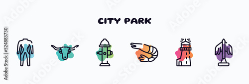 city park outline icons set. thin line icons such as diving suit, bull, fire hydrant, prawn, lighthouse, statue icon collection. can be used web and mobile.