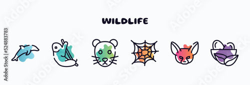 wildlife outline icons set. thin line icons such as dolphin, sloth, rat, cobweb, fennec, nest icon collection. can be used web and mobile.