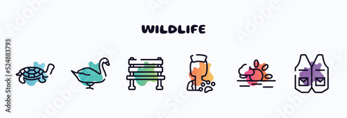 wildlife outline icons set. thin line icons such as tortoise, swan, bench, veterinarian, sun, waistcoat icon collection. can be used web and mobile. photo