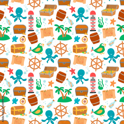 Seamless pattern. Bundle pirate, treasure map, ship wheel, chest, etc. White background