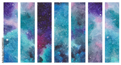 Watercolor bookmarks with space illustrations. Beautiful watercolor cosmos. Collection of hand drawn bookmarks or banners photo