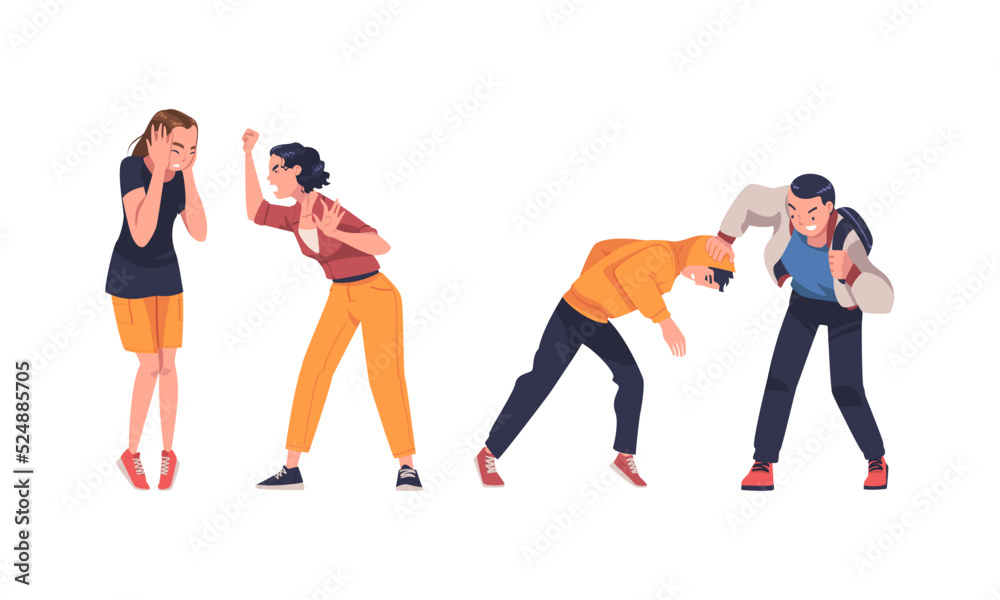 Agressive people arguing and fighting set. Young man beating another