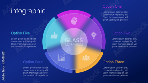 Infographic for 5 options, vector gradient design with realistic frosted glass, glassmorphism effect