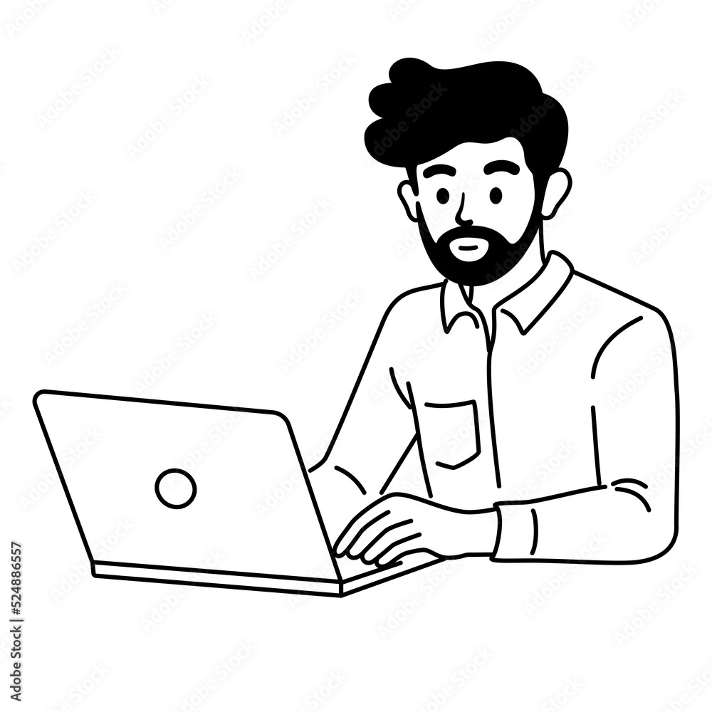 Businessman working with computer isolated vector illustration outline hand drawn doodle line art cartoon design character.