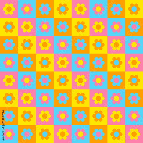 Pastel Blue Pink Yellow Orange Color Daisy Flower Check Checkered Plaid Gingham Pattern Illustration Tablecloth, Picnic mat wrap paper, Mat, Fabric, Textile, Scarf