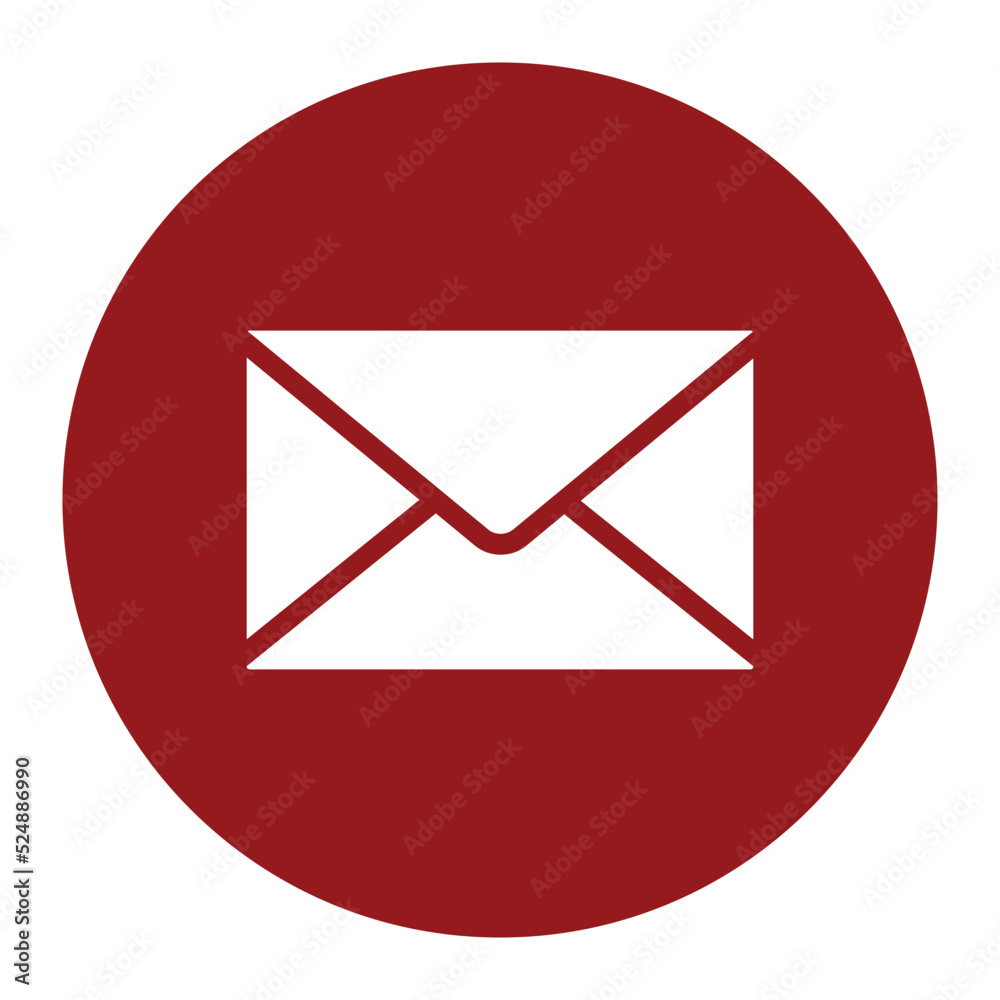 Flat mail icon. White envelope on the red circle background. Flat mail icon. White envelope on the red circle background.