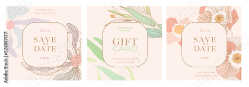 Set of gift cards in the botanical style. Peony, anemone on a pink background. Design template for the wedding invitation, shop, beauty salon, spa. Vector illustration