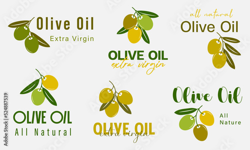 Vector illustrations for olive oil sign, badge, stickers, labels, packaging design, organic and natural products.