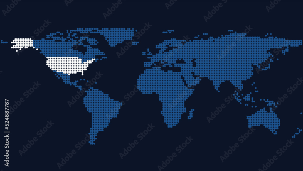 A world map of circles, with the United States of America highlighted.