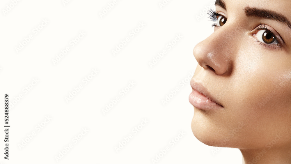 Beauty Woman Face Portrait. Beautiful Spa Model Girl with Perfect Fresh Clean Skin. Youth and Skin Care Concept Beauty Woman Face Portrait. Beautiful Spa Model Girl with Perfect Fresh Clean Skin. Youth and Skin Care Concept