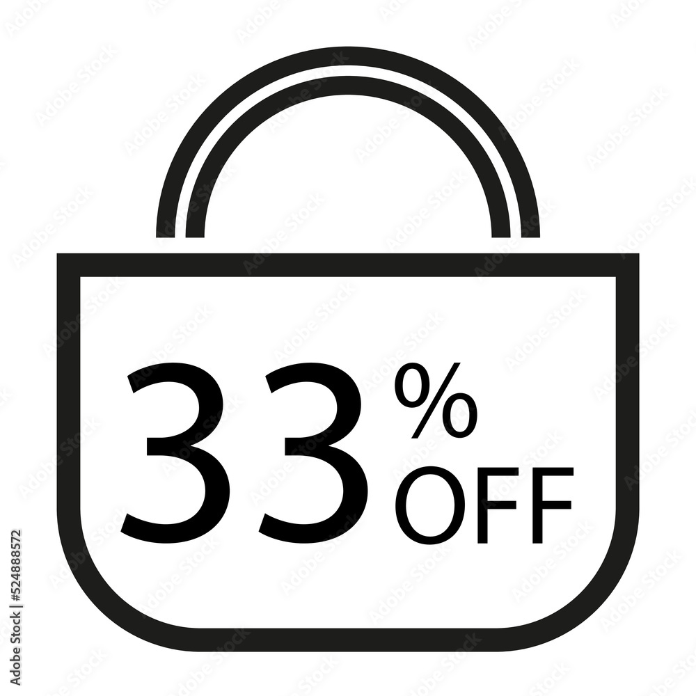 33 percent off. White banner with shopping bag illustration. 33 percent off. White banner with shopping bag illustration.