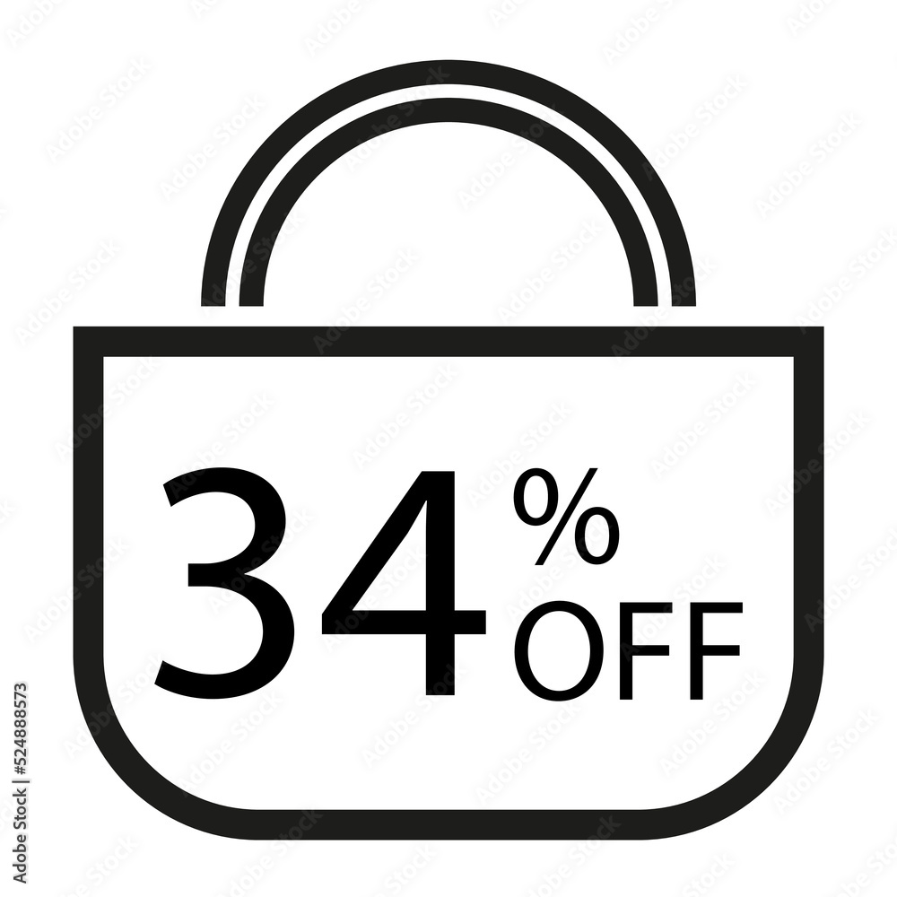 34 percent off. White banner with shopping bag illustration. 34 percent off. White banner with shopping bag illustration.