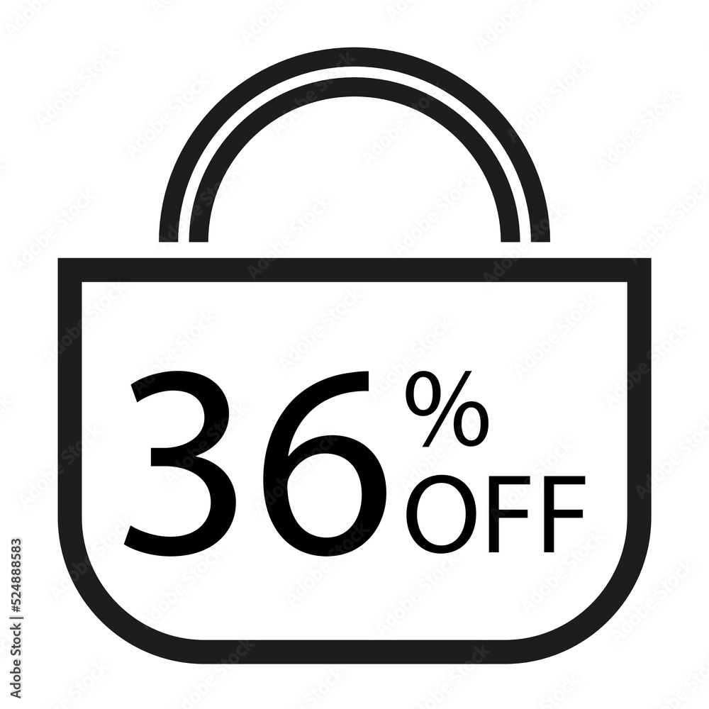 36 percent off. White banner with shopping bag illustration. 36 percent off. White banner with shopping bag illustration.
