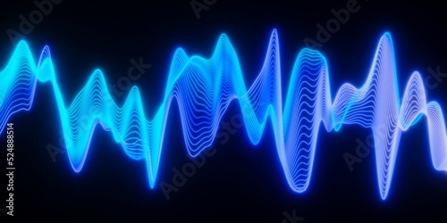 Set of glowing blue wave mesh array lines on black background, abstract modern data visualisation, science, research or business datum concept