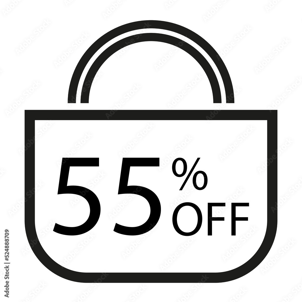 55 percent off. White banner with shopping bag illustration. 