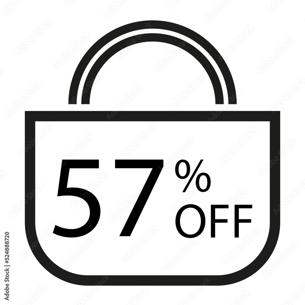 57 percent off. White banner with shopping bag illustration. 57 percent off. White banner with shopping bag illustration.