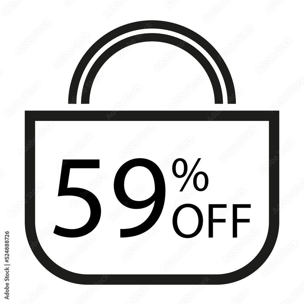 59 percent off. White banner with shopping bag illustration. 59 percent off. White banner with shopping bag illustration.