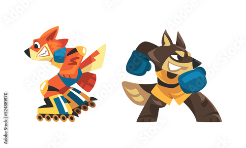 Animals doing sports set. characters. Red fox and dog rollerblading and boxing. Fitness and healthy lifestyle vector illustration