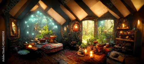 Obraz na płótnie Spectacular picture of interior of a fantasy medieval cottage, full with plants furniture and enchanted light