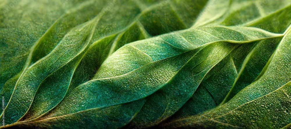 Spectacular realistic detailed veins and a vivid green coloration are revealed in this abstract close-up of green leaf. Digital 3D illustration. Macro - obrazy, fototapety, plakaty 