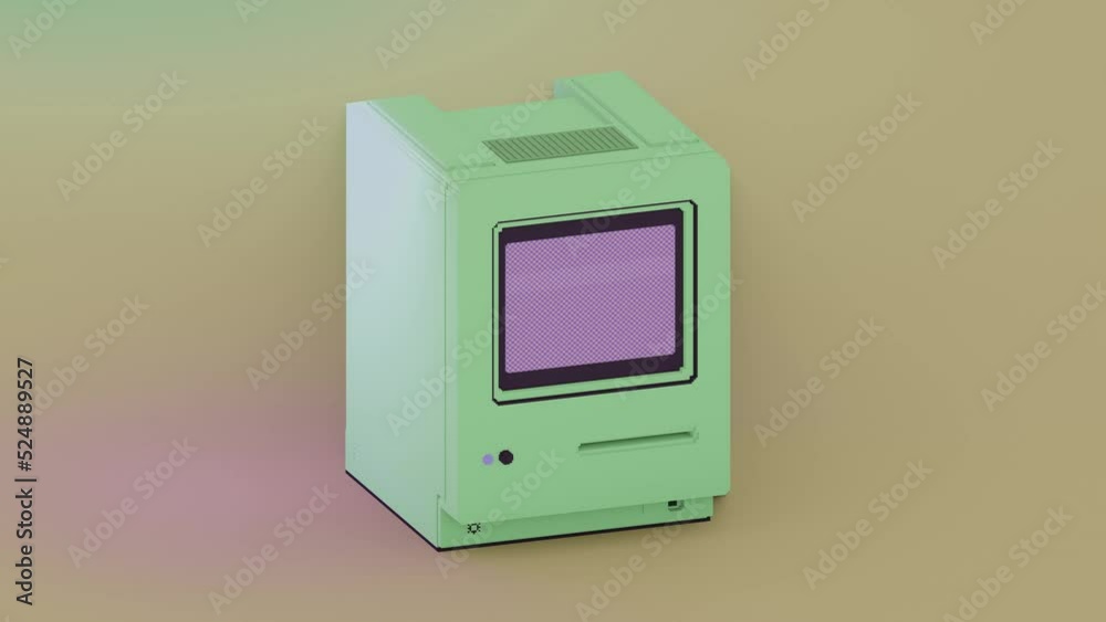 Entering floppy disk into retro looking personal computer. Blank pink blinking monitor for user text, graphics template. 3D animation, Orthogonal low poly design. 