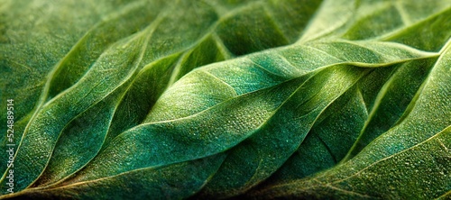 Spectacular realistic detailed veins and a vivid green coloration are revealed in this abstract close-up of green leaf. Digital 3D illustration. Macro photo