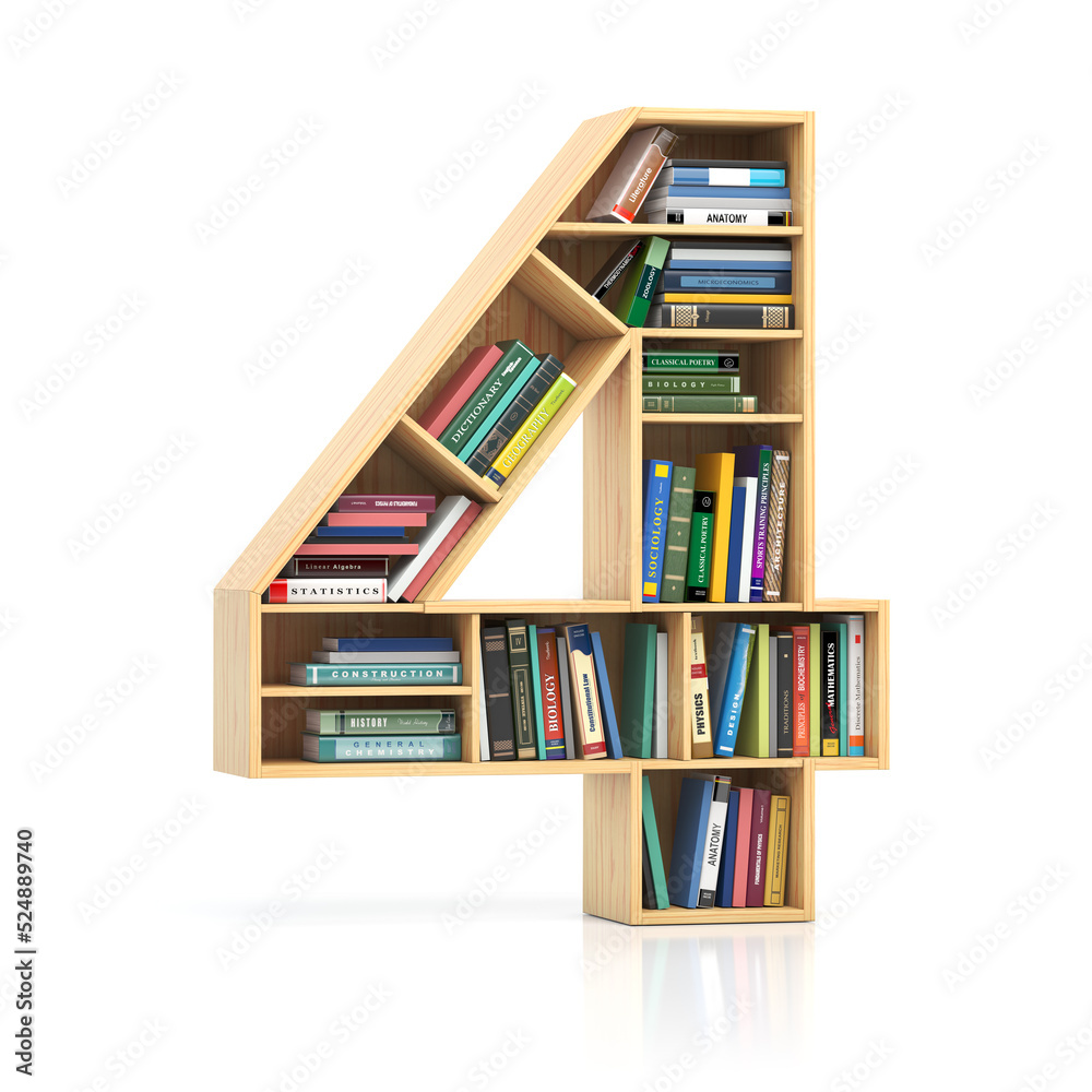 Naklejka premium Number 4 four in form of bookshelf with book and texbooks. Educational and learning conceptual font and alphabet.