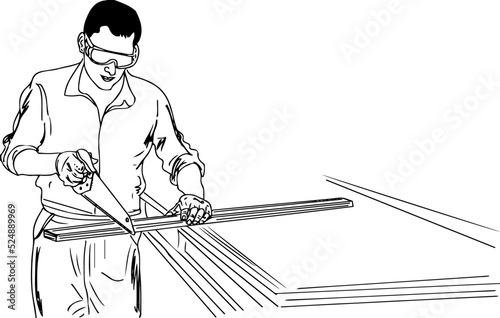Carpenter man cartoon drawing, Wood carpenter sketch drawing, Carpenter line art vector silhouette, Carpenter cutting wood stock image