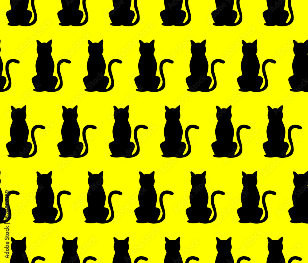black cat silhouettes seamless pattern on yellow