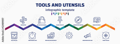 infographic template with icons and 11 options or steps. infographic for tools and utensils concept. included reparation, recycling bin, bag with big handle, timer round clock, school push pin,