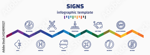 infographic template with icons and 11 options or steps. infographic for signs concept. included no alcohol, mute, weapons, hospital, pedestrian, ironing, lost items, airport, uv ray warning, no