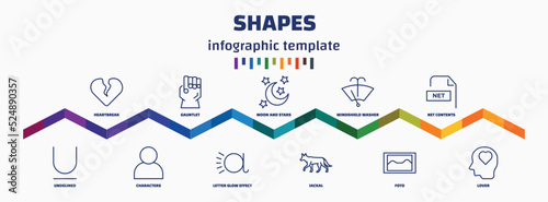 infographic template with icons and 11 options or steps. infographic for shapes concept. included heartbreak, undelined, gauntlet, characters, moon and stars, letter glow effect, windshield washer,