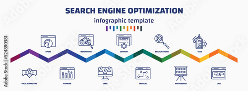 infographic template with icons and 11 options or steps. infographic for search engine optimization concept. included speed, viral marketing, monitoring, ranking, content, lead, search engine,