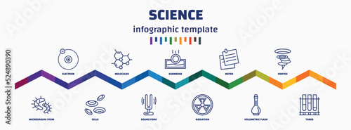 infographic template with icons and 11 options or steps. infographic for science concept. included electron, microorgani from science collection. thin, molecules, cells, submerge, sound fork, notes,