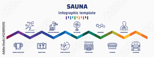 infographic template with icons and 11 options or steps. infographic for sauna concept. included adrenalin rush, sound stimulation, vascular workout, kneipp hose, air cooling, fresh air supply,
