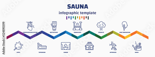 infographic template with icons and 11 options or steps. infographic for sauna concept. included cardiovascular system, vasta, mottled skin, tepidarium, roman bath, hamam, steam jet, yurt, core