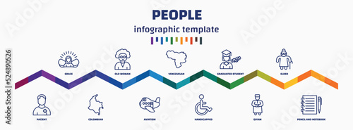infographic template with icons and 11 options or steps. infographic for people concept. included grace, pacient, old woman, colombian, venezuelan, aviation, graduated student, handicapped, elder,