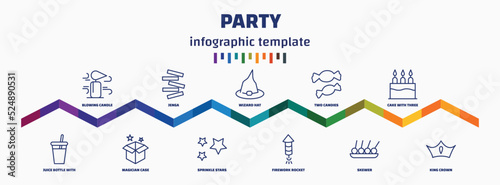 infographic template with icons and 11 options or steps. infographic for party concept. included blowing candle, juice bottle with straw, jenga, magician case, wizard hat, sprinkle stars, two