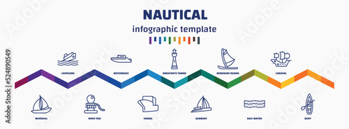 infographic template with icons and 11 options or steps. infographic for nautical concept. included capsizing, windsail, motorboat, rope tied, smeaton's tower, vessel, windsurf board, gunboat, photo