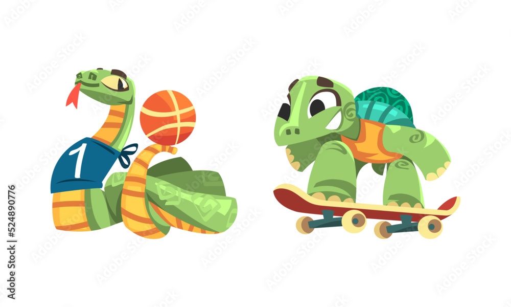 Naklejka premium Animals doing sports set. Snake and turtle characters skateboarding and playing basketball. Fitness and healthy lifestyle vector illustration