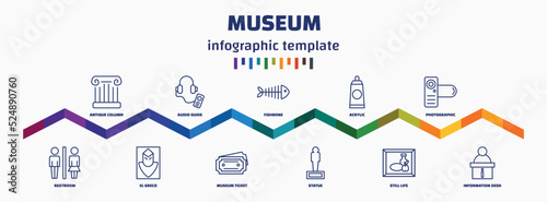 infographic template with icons and 11 options or steps. infographic for museum concept. included antique column, restroom, audio guide, el greco, fishbone, museum ticket, acrylic, statue,