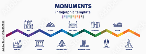 infographic template with icons and 11 options or steps. infographic for monuments concept. included petra, saint paul, hu picchu, pompeii, hagia sophia, konark sun temple, luxor temple, monumental