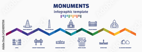infographic template with icons and 11 options or steps. infographic for monuments concept. included great mosque of samarra, spain, walled obelisk, vincent thomas bridge, united states capitol,