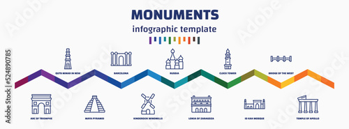 infographic template with icons and 11 options or steps. infographic for monuments concept. included qutb minar in new delhi, arc of triomphe, barcelona, maya pyramid, russia, kinderdijk windmills,