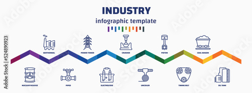 infographic template with icons and 11 options or steps. infographic for industry concept. included geothermal, nuclear residue, power tower, pipes, crusher, electrolysis, piston, uncoiler, coal